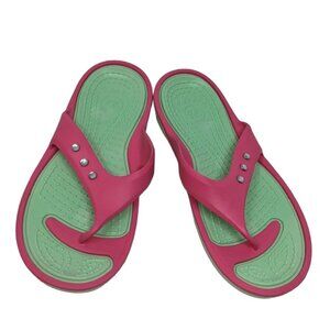 Vintage 90s Y2K Bright Pink Green Molded Flip Flops Shoes Size 40 (Size 9)